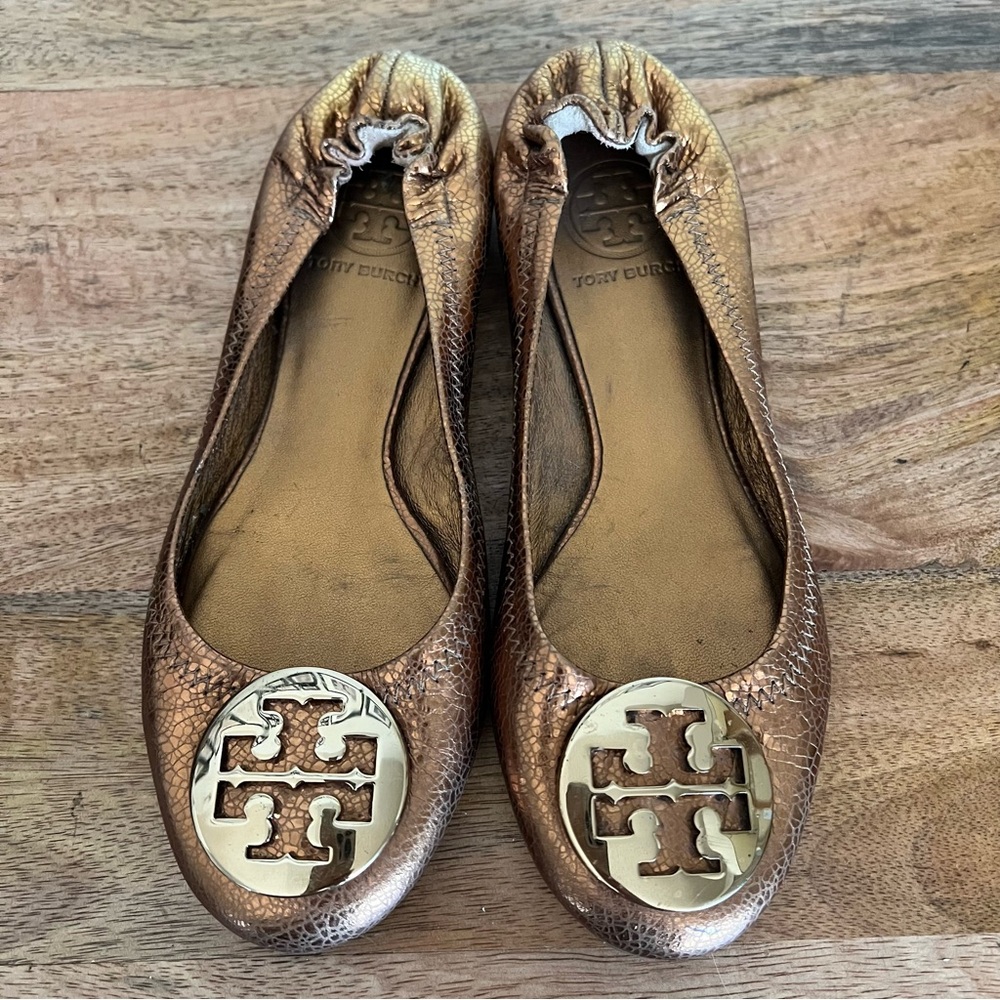 TORY BURCH REVA CLASSIC BRONZE GOLD LOGO BALLET FLATS Size 5
